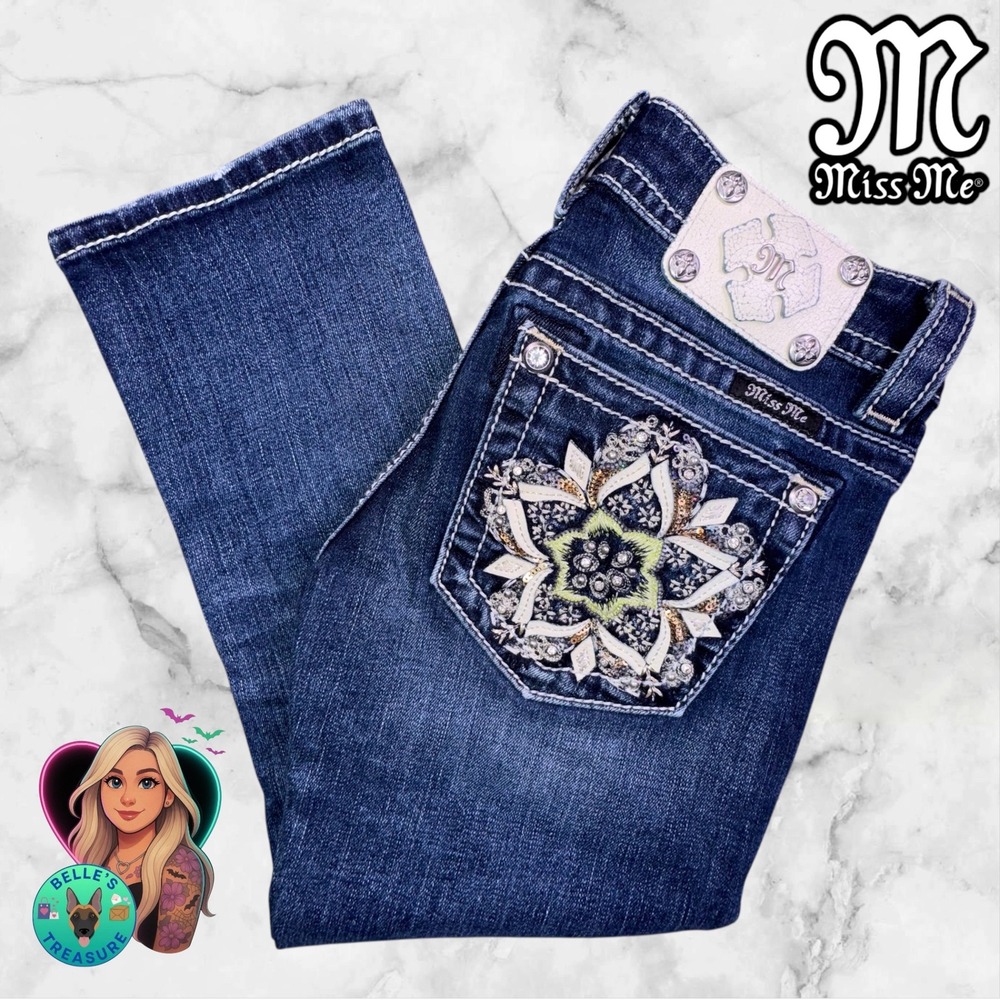 Miss Me Jeans Womens 25 Cuffed Capri Floral Embellished Rhinestone Sparkle 28x21
